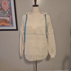 Free People V Neck Hoodie Open Knit Sweater Cream Slate Blue Oversized Sm Beach